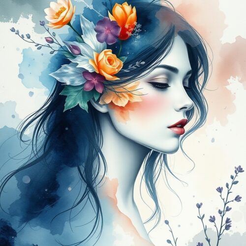 Dreamlike Floral Muse – Watercolor Fantasy Portrait Art Poster picture