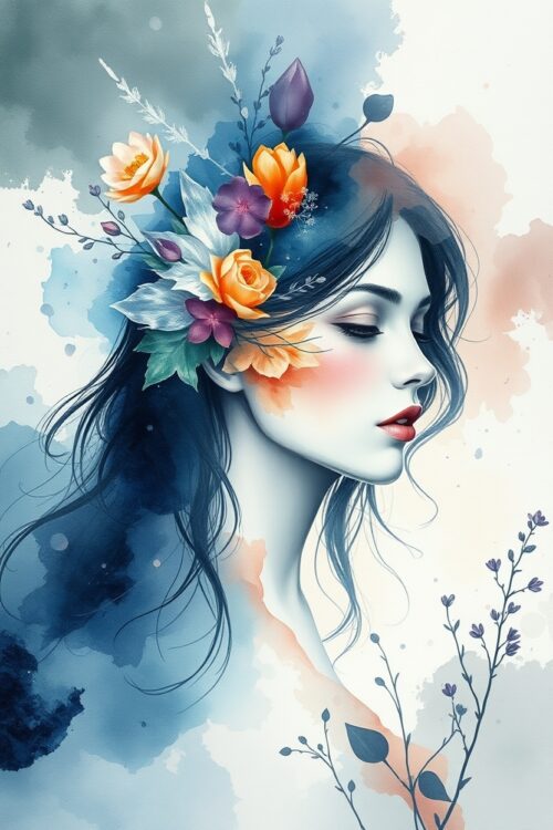 Dreamlike Floral Muse – Watercolor Fantasy Portrait Art Poster picture