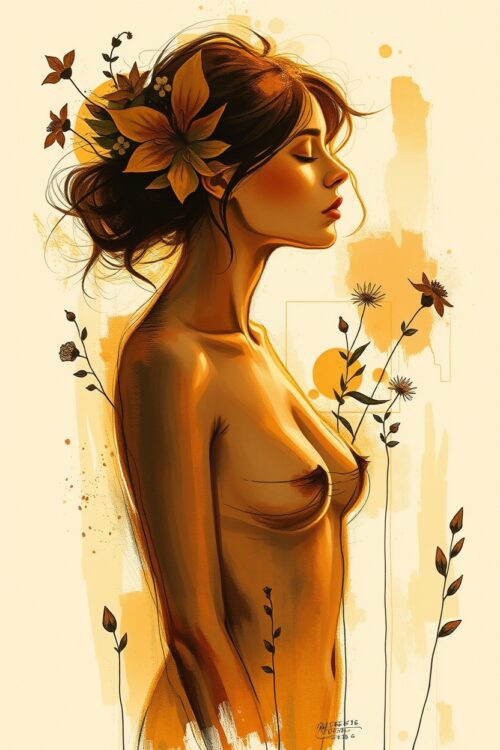 Golden Reverie – Sensual Feminine Art Poster with Autumn Floral Accents picture
