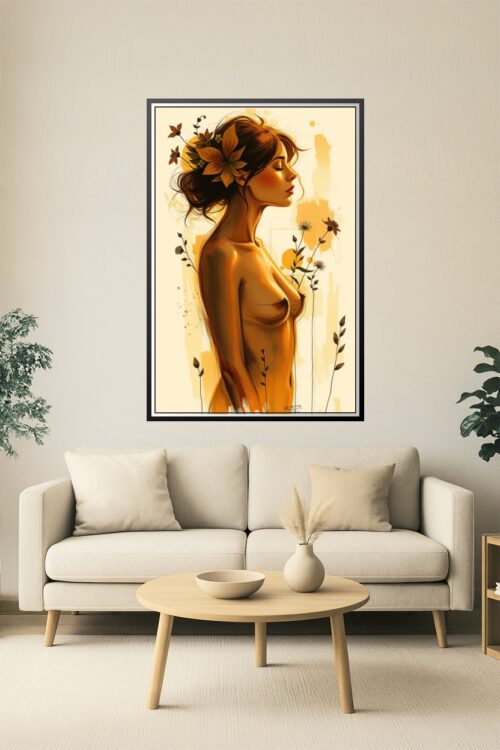 Golden Reverie – Sensual Feminine Art Poster with Autumn Floral Accents picture