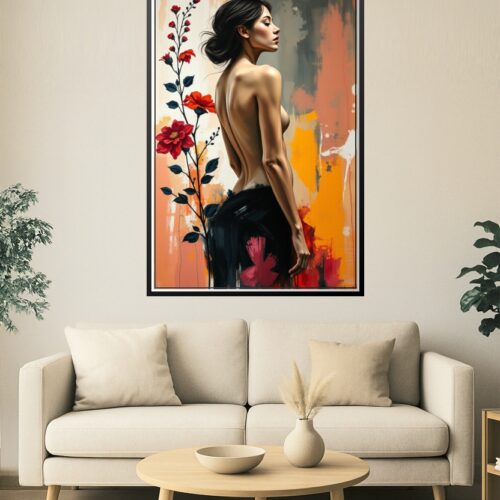 Crimson Silence – Elegant Back Nude Female Art Poster with Floral Accents picture
