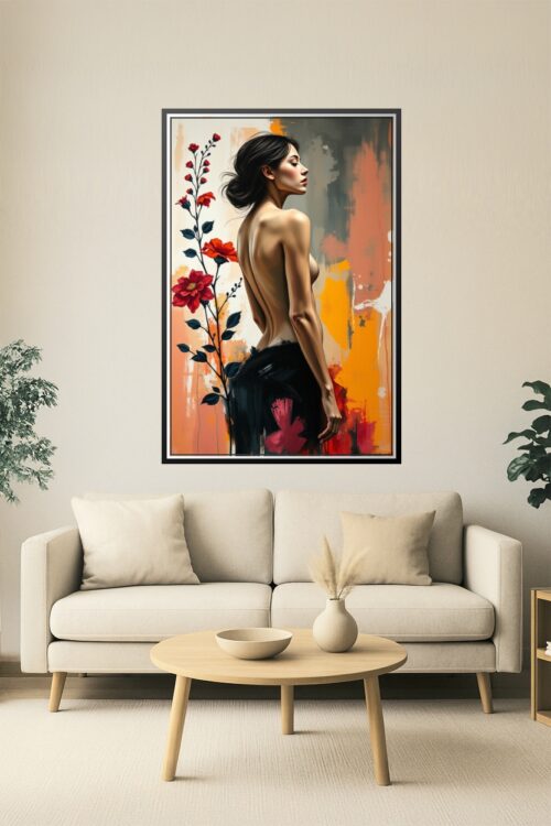 Crimson Silence – Elegant Back Nude Female Art Poster with Floral Accents picture
