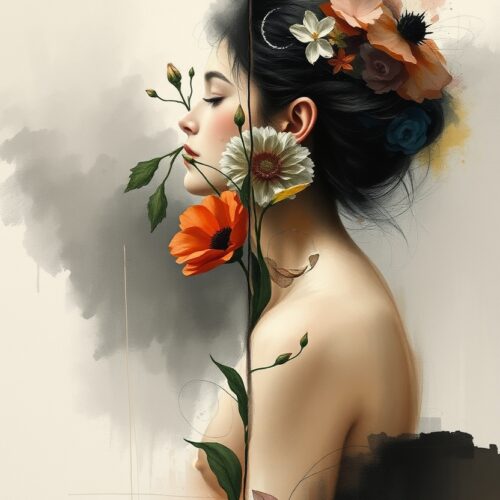 Whispers in Bloom – Split Floral Nude Portrait Art Poster picture