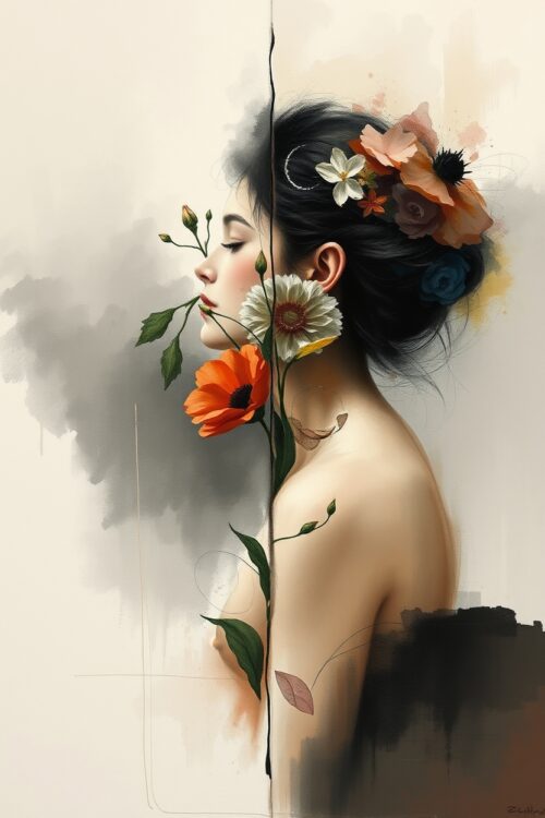Whispers in Bloom – Split Floral Nude Portrait Art Poster picture