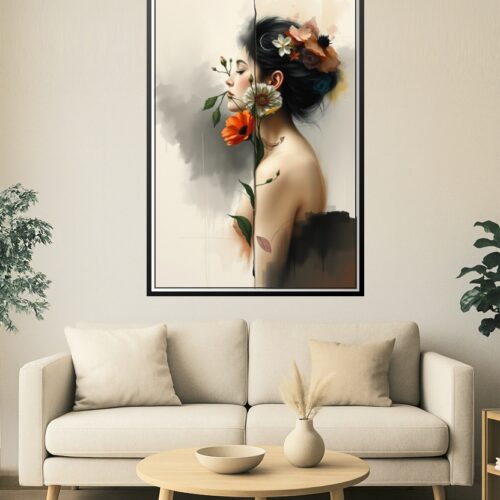 Whispers in Bloom – Split Floral Nude Portrait Art Poster picture