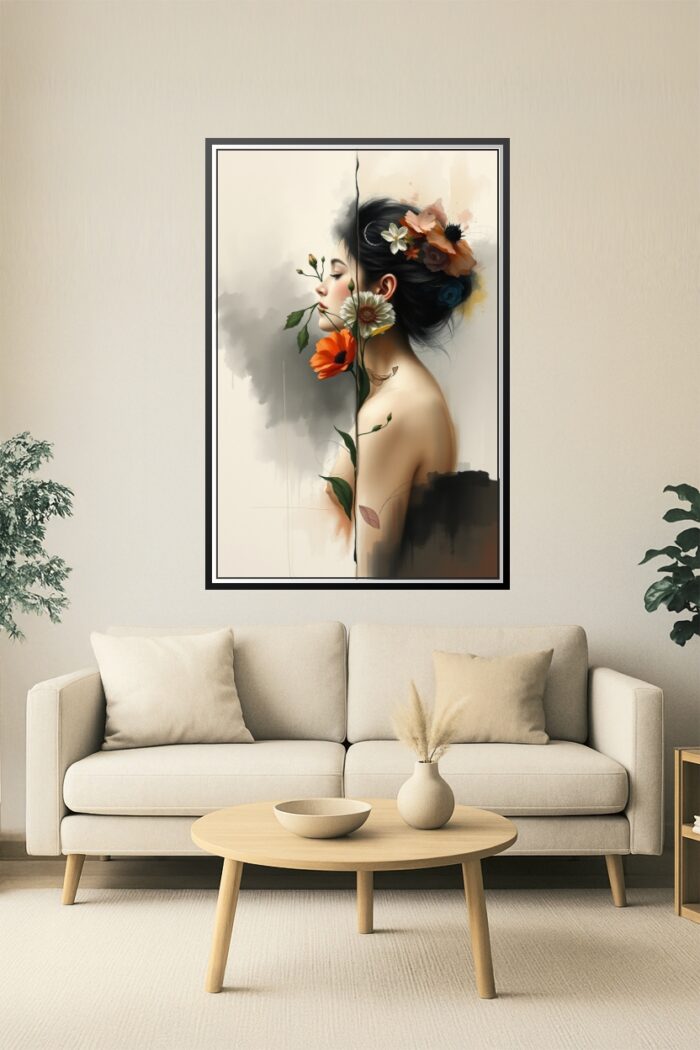 Whispers in Bloom – Split Floral Nude Portrait Art Poster picture