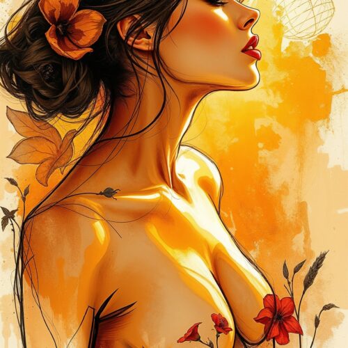 Golden Bloom – Sensual Floral Woman Art Poster. Radiating warmth and allure picture