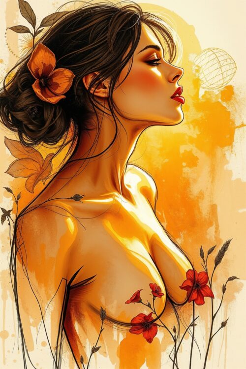 Golden Bloom – Sensual Floral Woman Art Poster. Radiating warmth and allure picture
