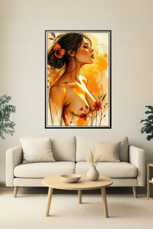Golden Bloom – Sensual Floral Woman Art Poster. Radiating warmth and allure picture