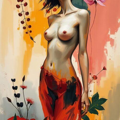 Sensual Floral Fusion Art Poster – Abstract Female Nude with Botanical Accents picture