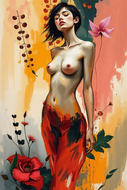 Sensual Floral Fusion Art Poster – Abstract Female Nude with Botanical Accents picture