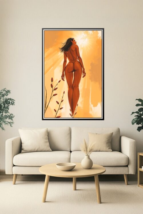 Sunlit Ascent – Sensual Nude Art Poster with Warm Botanical Glow picture