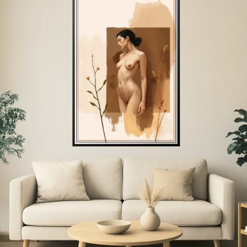 Earthbound Muse – Sensual Full-Body Nude Art Print with Floral Accents picture