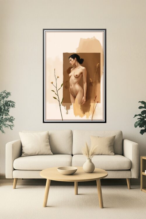 Earthbound Muse – Sensual Full-Body Nude Art Print with Floral Accents picture