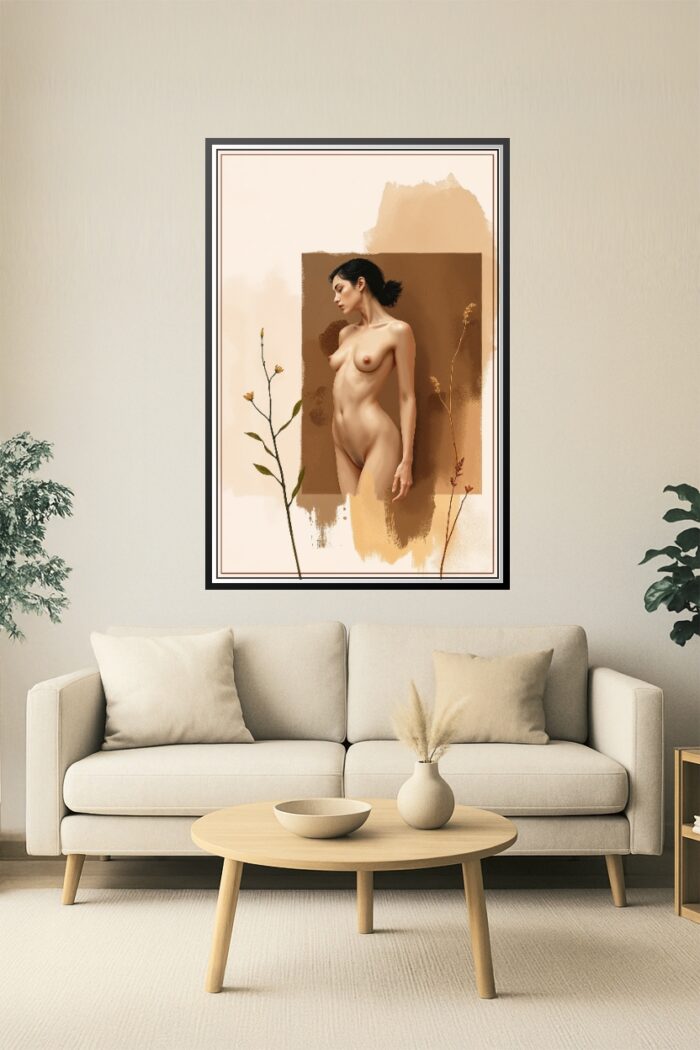 Earthbound Muse – Sensual Full-Body Nude Art Print with Floral Accents picture