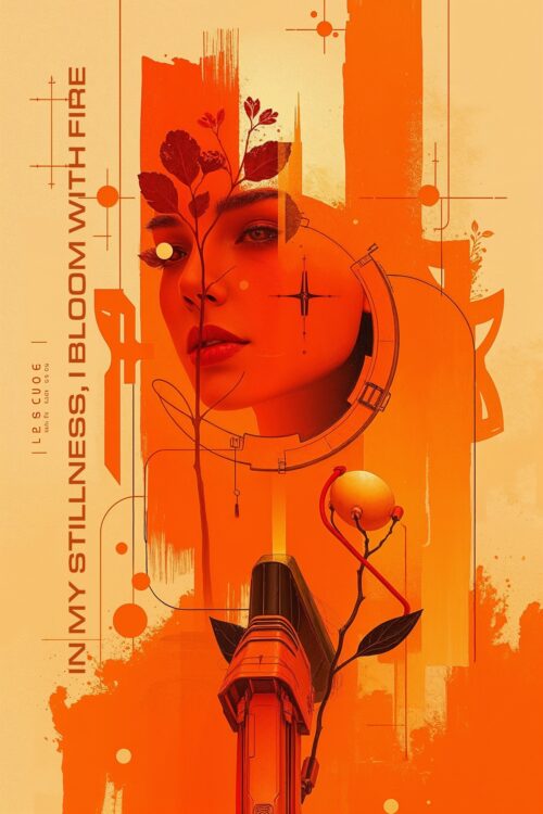 In My Stillness, I Bloom with Fire – Futuristic Botanical Art Poster picture