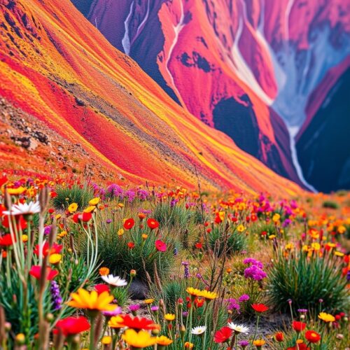 Wild Bloom Symphony – Vibrant Flower Field & Mountain Landscape Poster picture