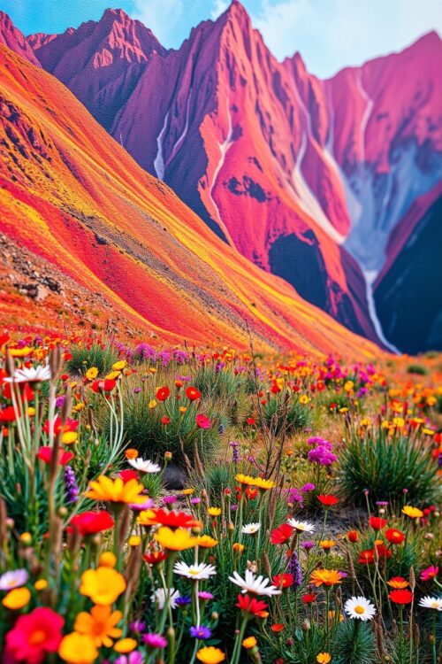 Wild Bloom Symphony – Vibrant Flower Field & Mountain Landscape Poster picture