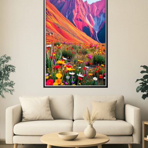 Wild Bloom Symphony – Vibrant Flower Field & Mountain Landscape Poster picture