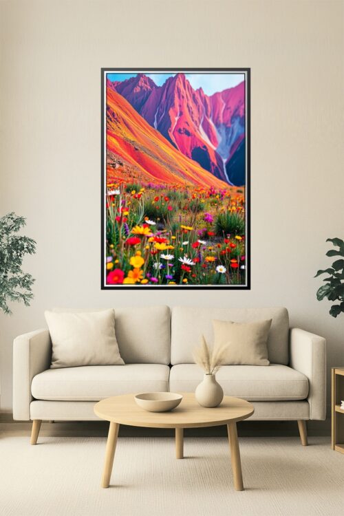 Wild Bloom Symphony – Vibrant Flower Field & Mountain Landscape Poster picture