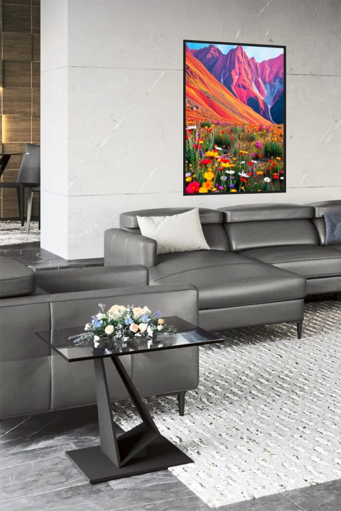 Wild Bloom Symphony – Vibrant Flower Field & Mountain Landscape Poster picture
