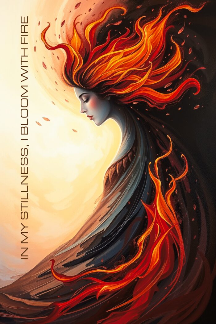 Fiery Serenity – Feminine Flame Meditation Art Poster with Empowering Quote picture