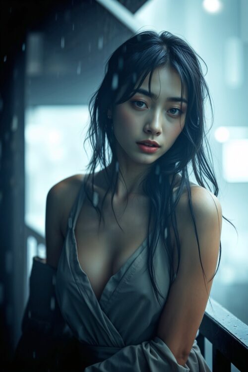 Rainy Balcony Muse – Sensual Realism Art Poster of Asian Woman in Gray Dress picture