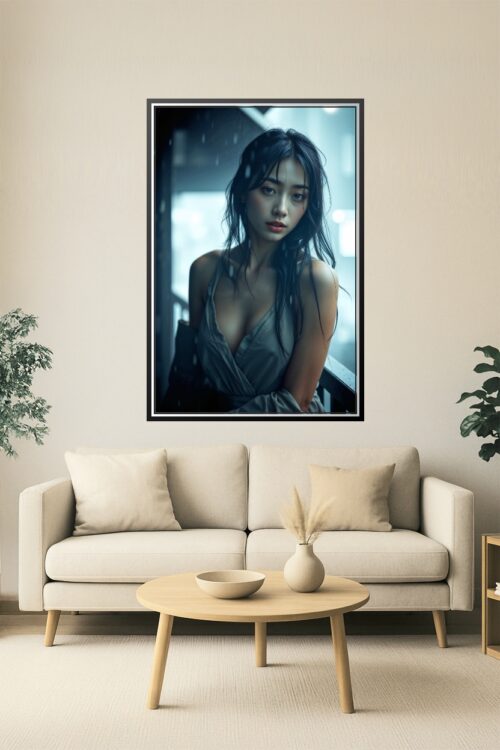 Rainy Balcony Muse – Sensual Realism Art Poster of Asian Woman in Gray Dress picture
