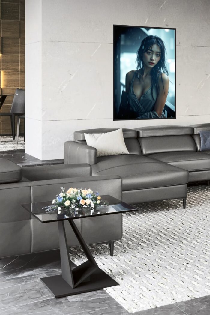 Rainy Balcony Muse – Sensual Realism Art Poster of Asian Woman in Gray Dress picture