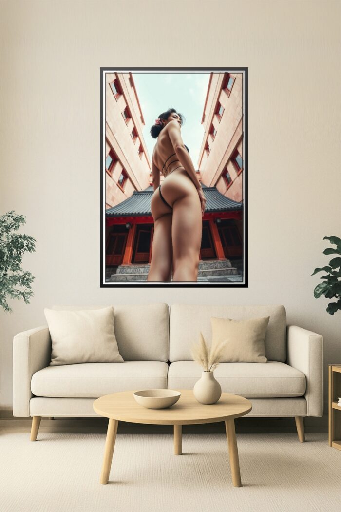 Sensual Asian Woman in Black Bikini – Photorealistic Art Print with Temple Backdrop picture