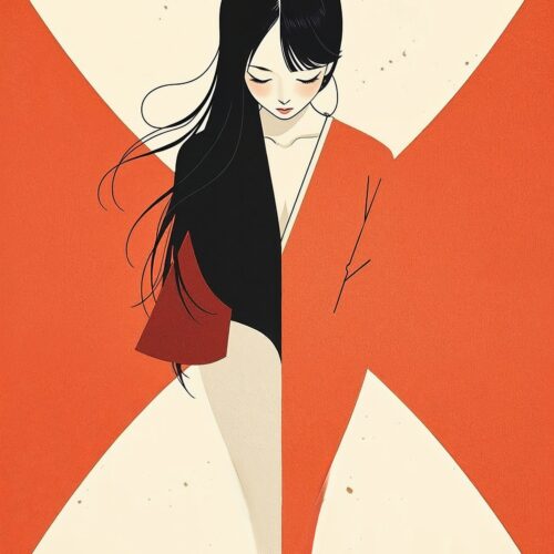Crimson Serenity – Minimalist Japanese Woman Modern Art Poster picture