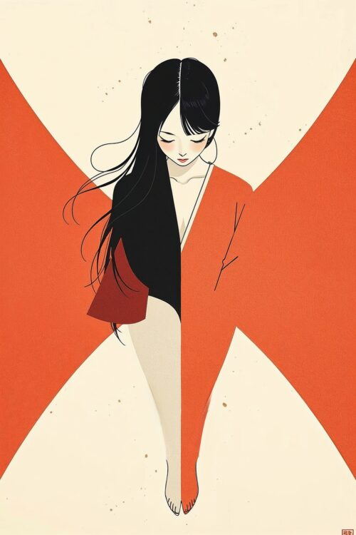 Crimson Serenity – Minimalist Japanese Woman Modern Art Poster picture