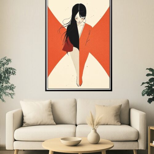 Crimson Serenity – Minimalist Japanese Woman Modern Art Poster picture