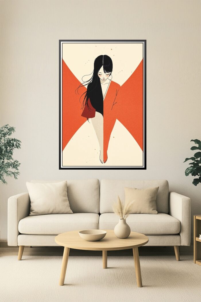 Crimson Serenity – Minimalist Japanese Woman Modern Art Poster picture