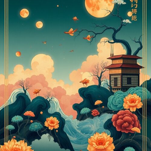 Oriental Moonlit Landscape Art Poster – Asian-Inspired Pagoda, Blossoms, and Night Sky picture