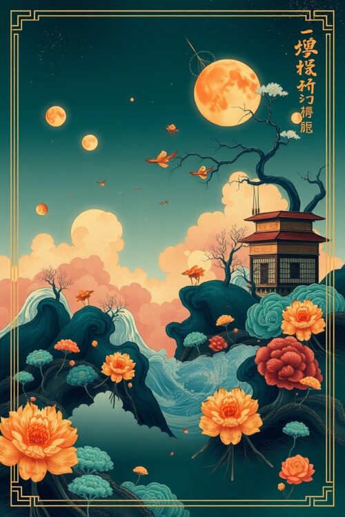 Oriental Moonlit Landscape Art Poster – Asian-Inspired Pagoda, Blossoms, and Night Sky picture
