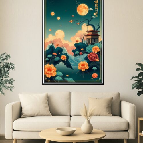 Oriental Moonlit Landscape Art Poster – Asian-Inspired Pagoda, Blossoms, and Night Sky picture