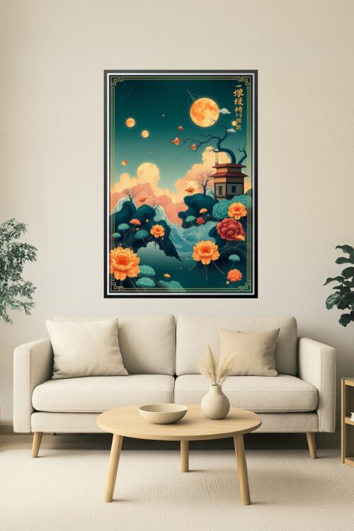Oriental Moonlit Landscape Art Poster – Asian-Inspired Pagoda, Blossoms, and Night Sky picture