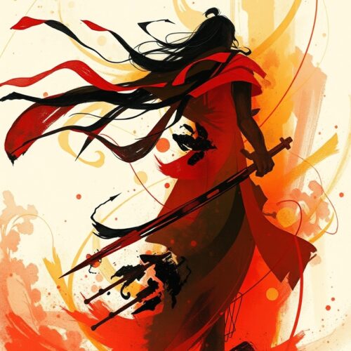 Samurai Warrior Art Poster – Dynamic Red Ink Brush Style with Sword picture