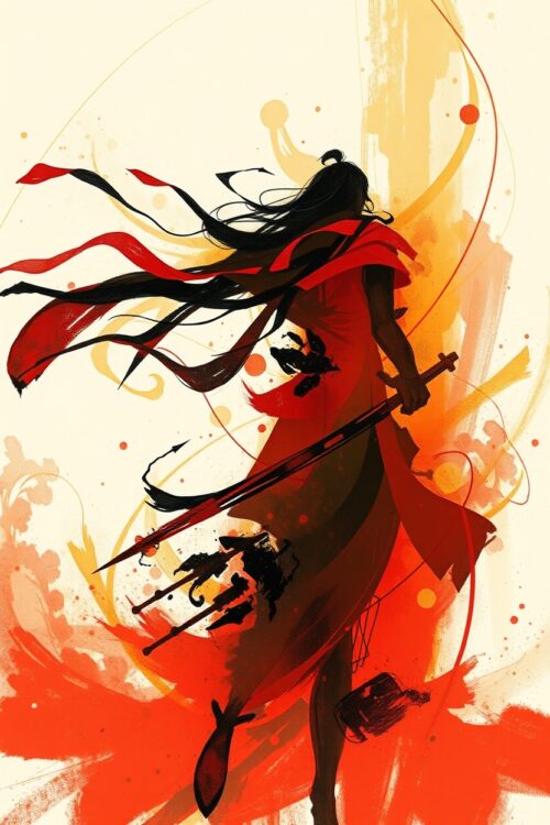 Samurai Warrior Art Poster – Dynamic Red Ink Brush Style with Sword picture