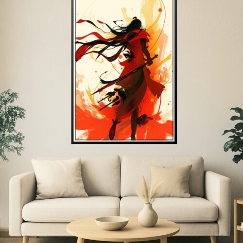 Samurai Warrior Art Poster – Dynamic Red Ink Brush Style with Sword picture