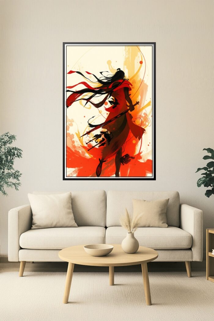 Samurai Warrior Art Poster – Dynamic Red Ink Brush Style with Sword picture