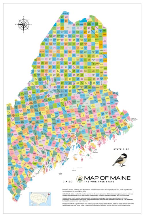 Maine Towns and Plantations Color Map Poster – Detailed Pine Tree State Municipalities Art Print picture