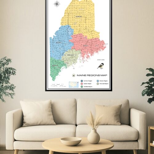 Maine Regions Map Poster – Color-Coded Regional Wall Art | Educational Pine Tree State Print picture