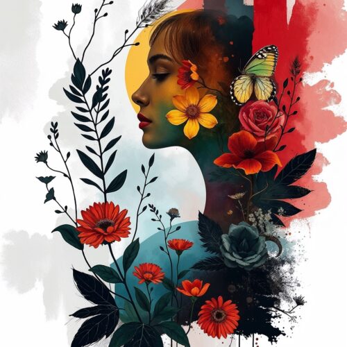 Floral Dreamscape Poster – Abstract Female Portrait with Flowers and Butterfly | Modern Boho Wall Art picture