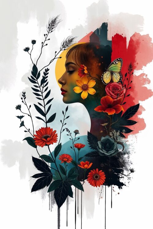 Floral Dreamscape Poster – Abstract Female Portrait with Flowers and Butterfly | Modern Boho Wall Art picture