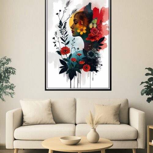 Floral Dreamscape Poster – Abstract Female Portrait with Flowers and Butterfly | Modern Boho Wall Art picture