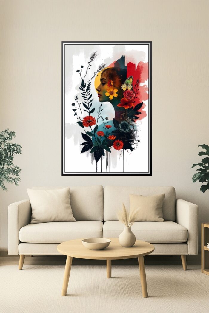 Floral Dreamscape Poster – Abstract Female Portrait with Flowers and Butterfly | Modern Boho Wall Art picture