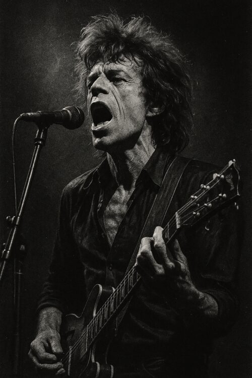 Vintage Rock Singer with Guitar – Black and White Fine Art Poster picture