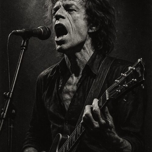 Vintage Rock Singer with Guitar – Black and White Fine Art Poster picture